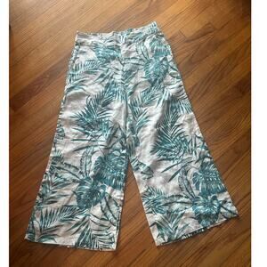 C&C California 100% Linen Wide Leg Floral Pants Tropical Green Palms Size S